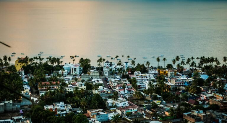 Aerial view of a Mexican coastal town with palm trees and ocean during daylight.
